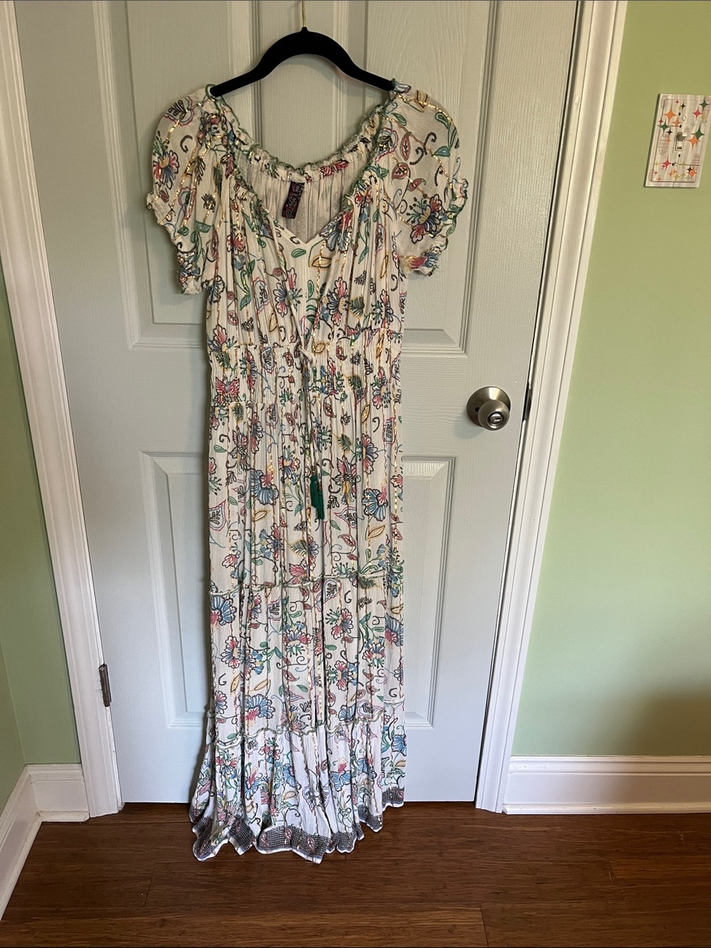 Boho Floral White Maxi Dress with Smocked Waist and Ruffle Sleeves